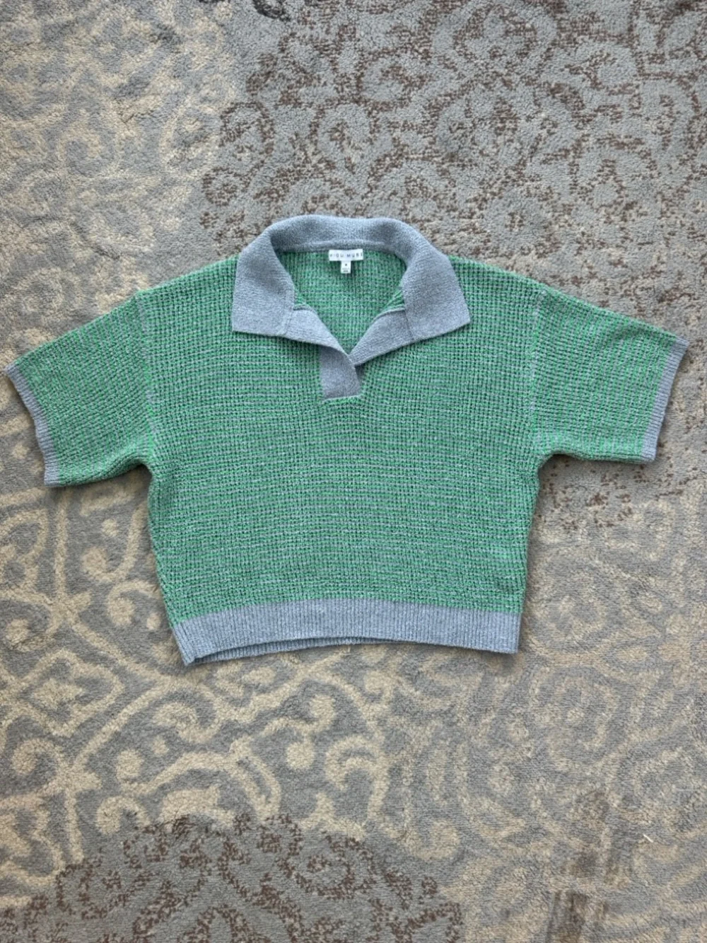 MIOU MUSE Collared Knit Top Green Blue Medium